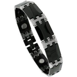 Men's Tungsten & Ceramic Bracelet Magnetic Therapy, 2-Tone Black & Gun Metal Bar